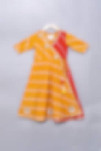 Orange & Red Bandhani Printed Gown For Girls by The Little Edition