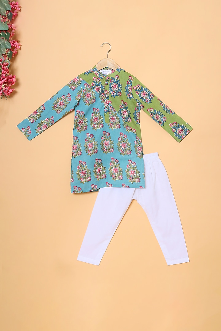Blue & Green Floral Printed Kurta Set For Boys by The Little Edition