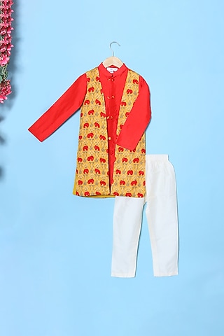 Red Cotton Kurta Set With Printed Jacket For Boys by The Little Edition