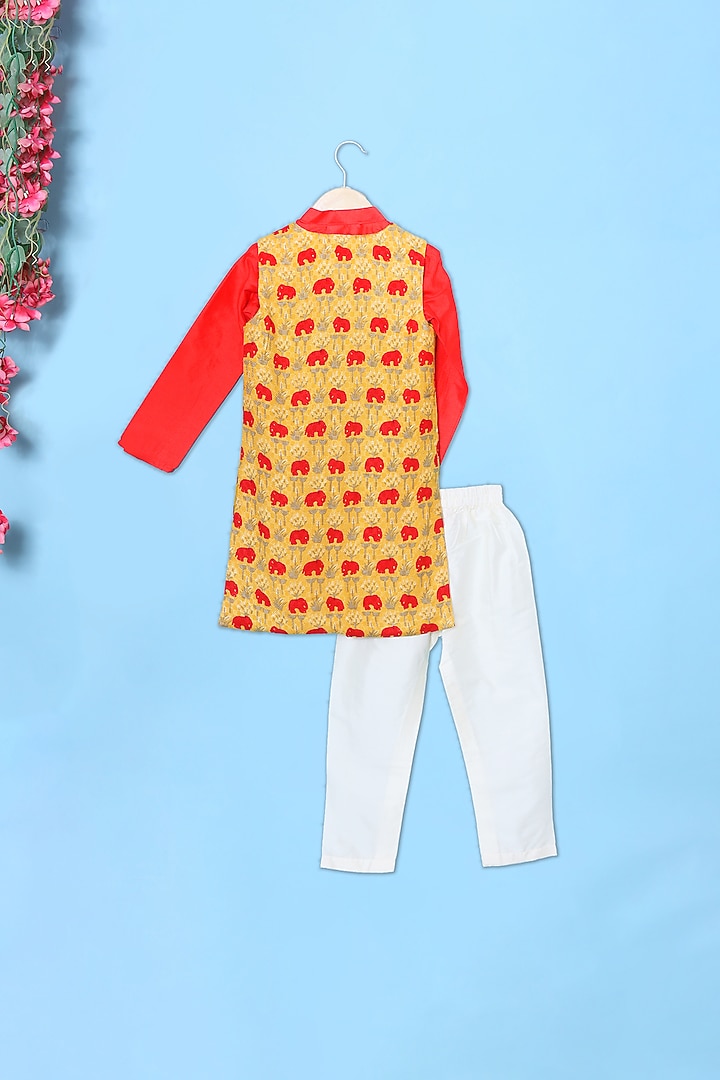 Red Cotton Kurta Set With Printed Jacket For Boys by The Little Edition at Pernia's Pop Up Shop
