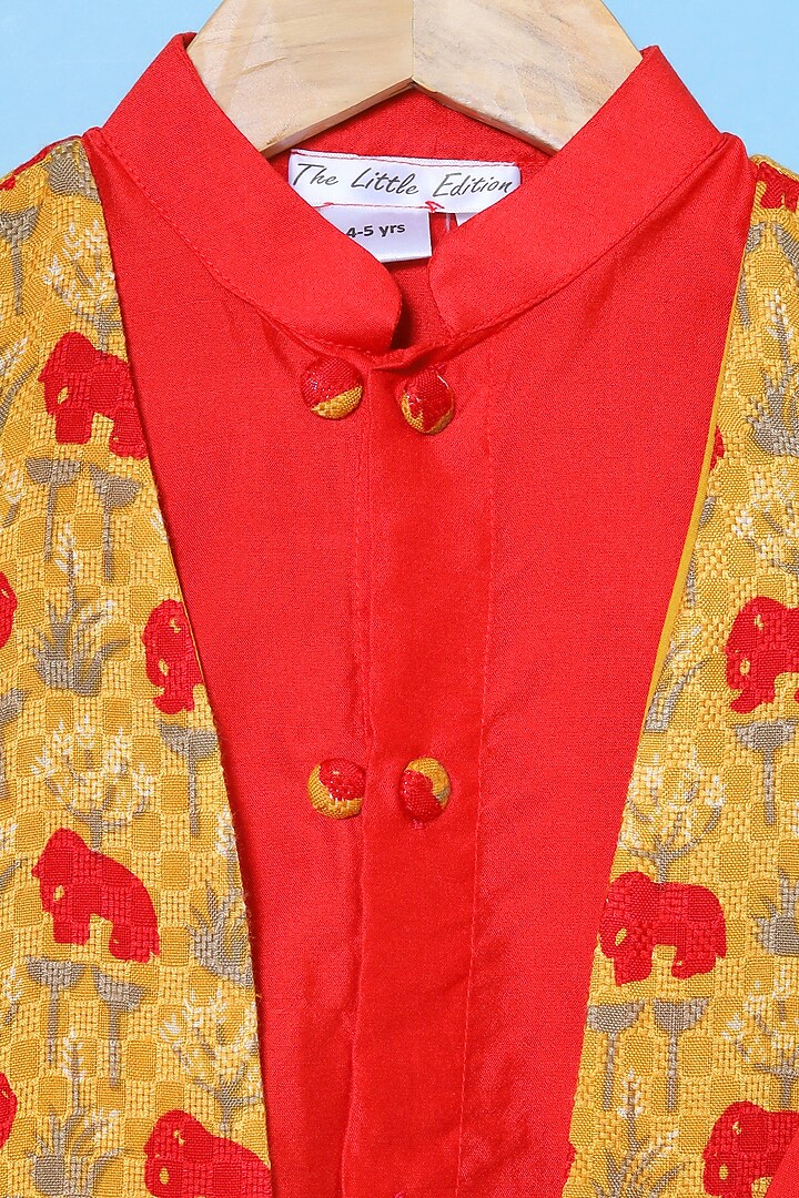 Red Cotton Kurta Set With Printed Jacket For Boys by The Little Edition at Pernia's Pop Up Shop