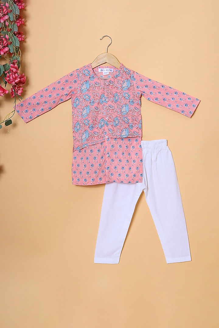 Pink Cotton Printed Kurta Set With Bundi Jacket For Boys by The Little Edition