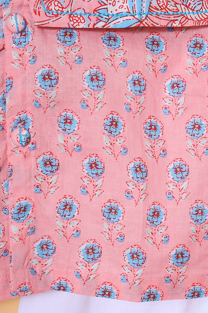 Pink Cotton Printed Kurta Set With Bundi Jacket For Boys by The Little Edition at Pernia's Pop Up Shop