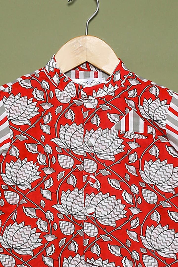 Red Printed Kurta With Bundi Jacket For Boys by The Little Edition at Pernia's Pop Up Shop