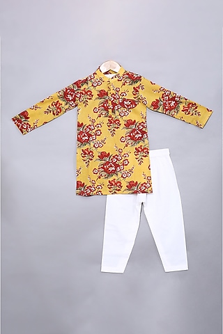 Yellow Cotton Floral Printed Kurta Set For Boys by The Little Edition
