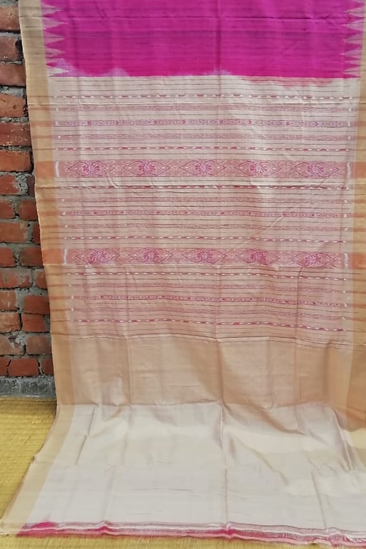 Pink Handwoven Tie-Dye Saree by Itsree
