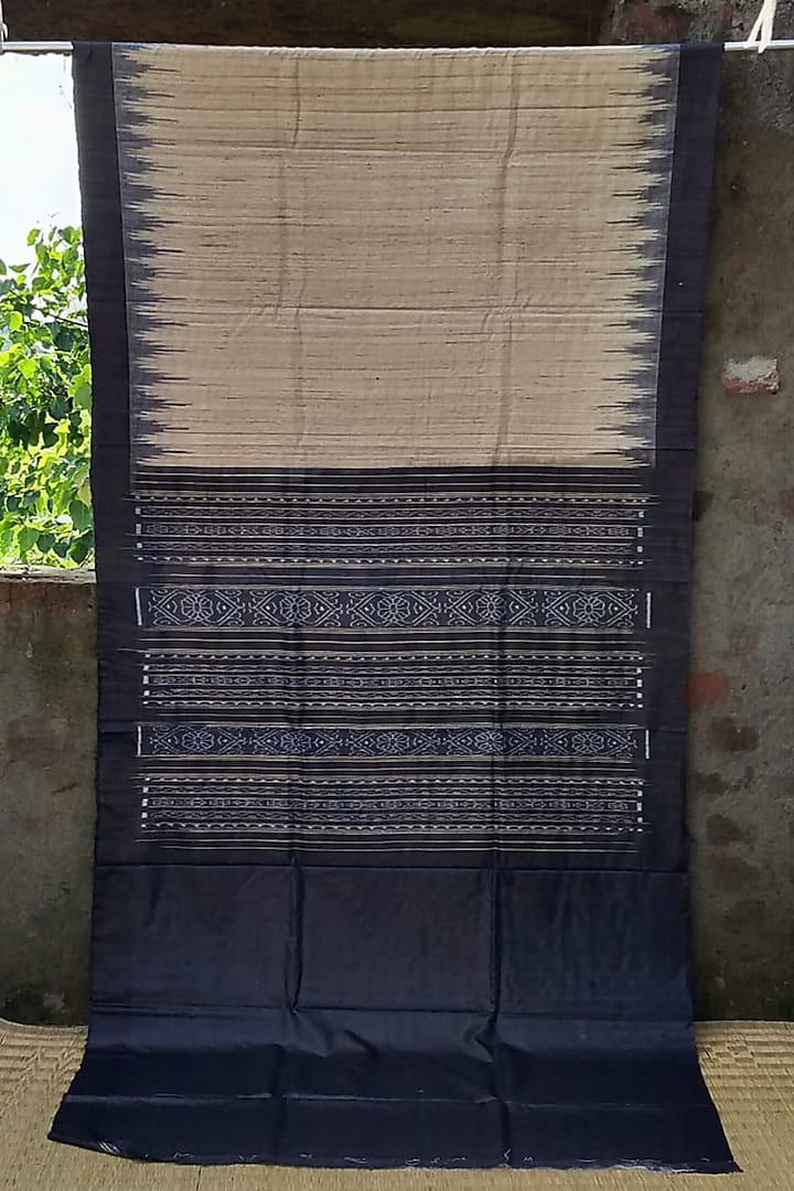 Beige & Black Tie-Dye Saree With Temple Border by Itsree