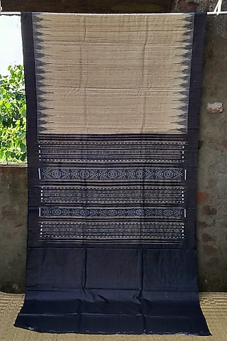 Beige & Black Tie-Dye Saree With Temple Border by Itsree