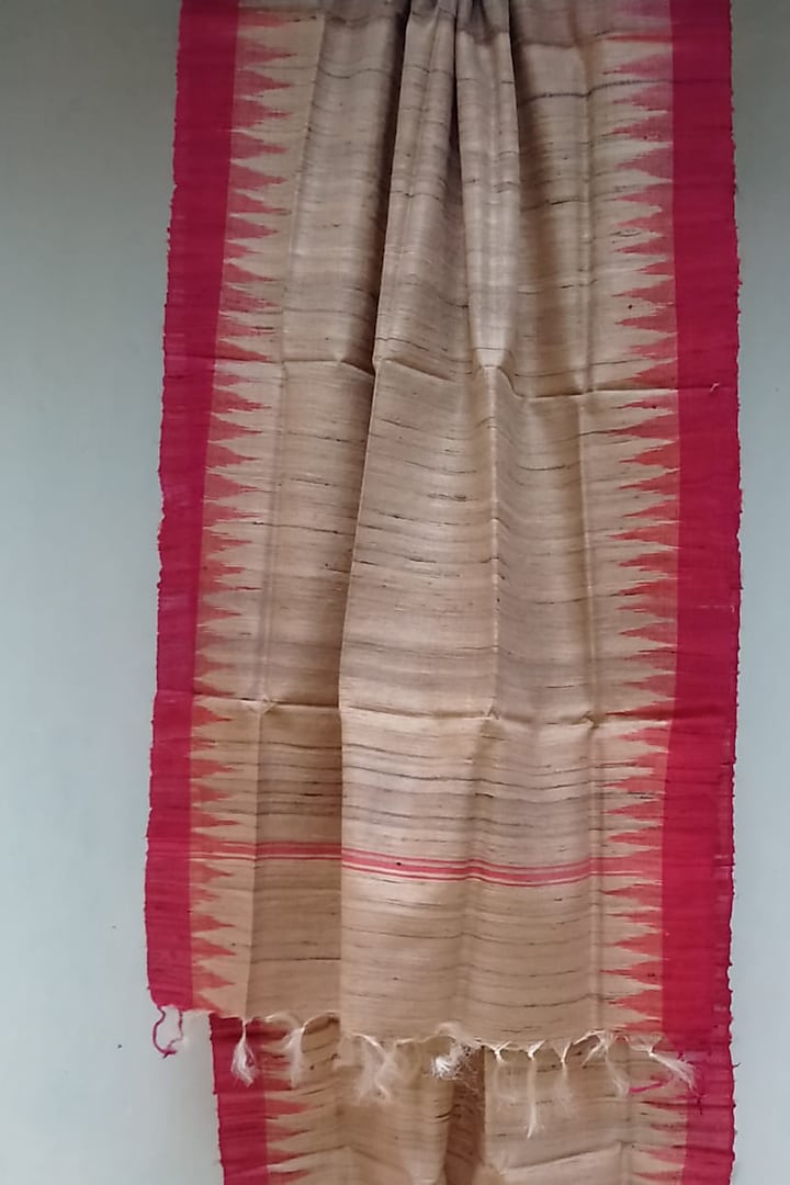 Beige & Red Handwoven Dupatta With Temple Border by Itsree