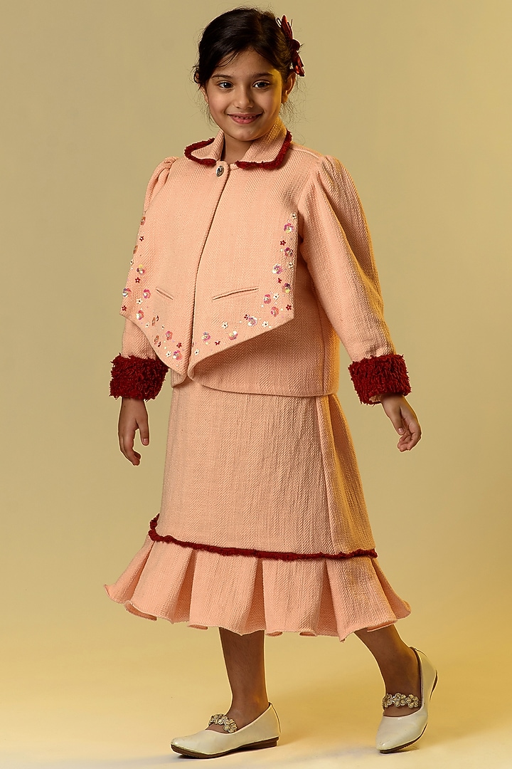 Peach Cotton Slub Skirt Set For Girls by Littleens at Pernia's Pop Up Shop