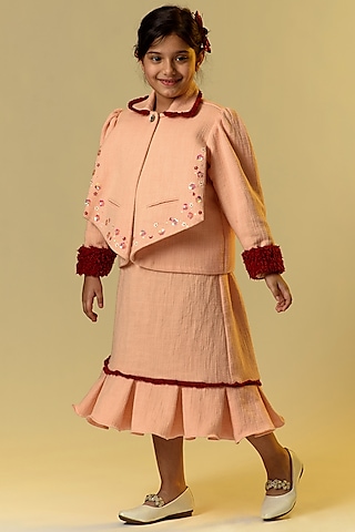 Peach Cotton Slub Skirt Set For Girls by Littleens