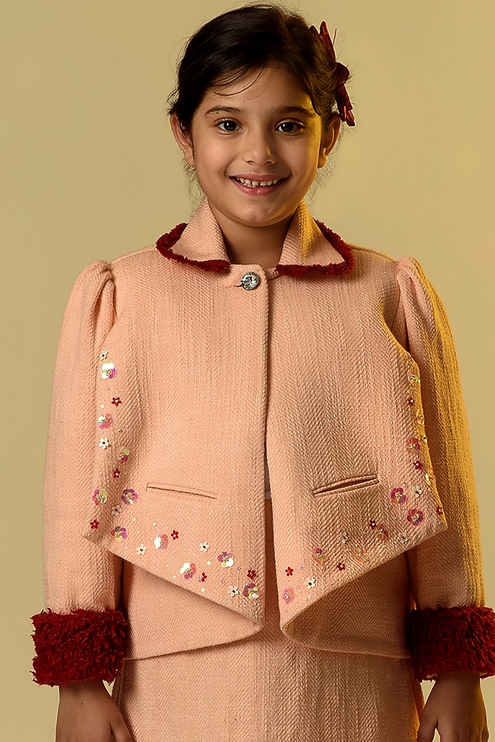 Peach Cotton Slub Skirt Set For Girls by Littleens at Pernia's Pop Up Shop