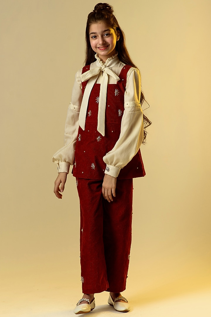 Maroon Embroidered Pant Set For Girls by Littleens at Pernia's Pop Up Shop