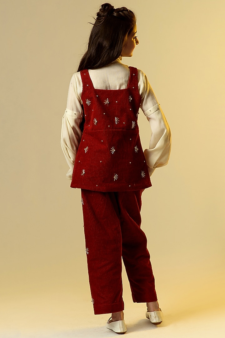 Maroon Embroidered Pant Set For Girls by Littleens at Pernia's Pop Up Shop