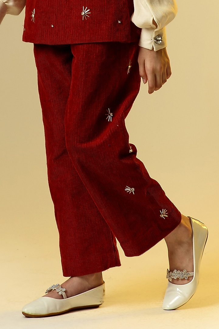 Maroon Embroidered Pant Set For Girls by Littleens at Pernia's Pop Up Shop