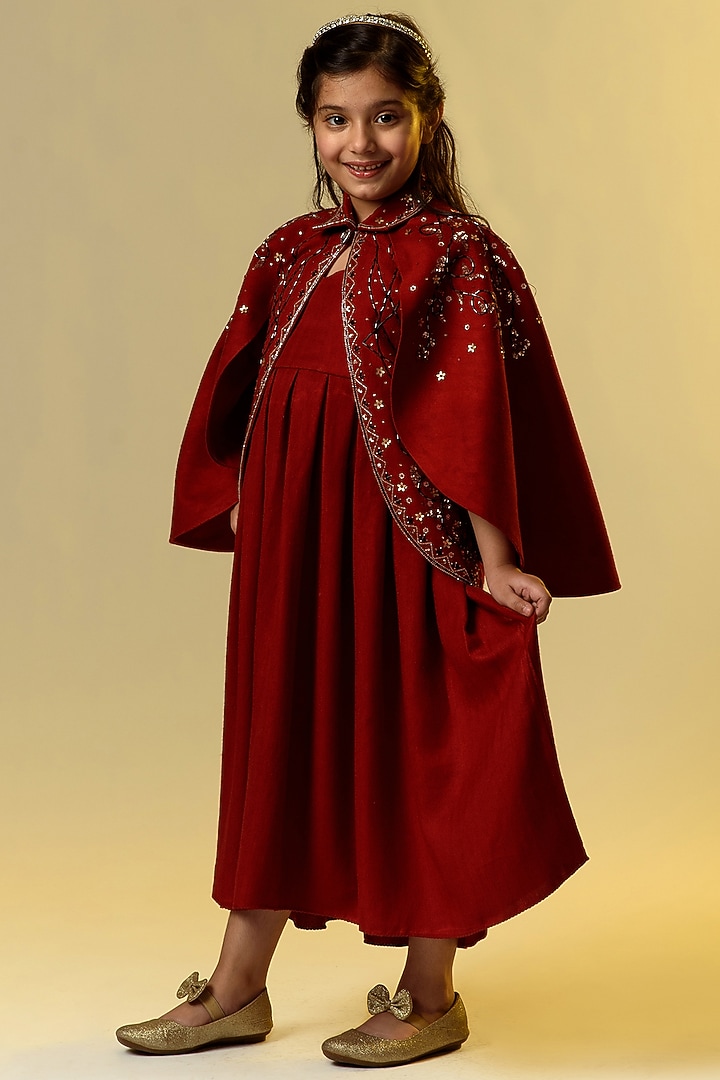 Maroon Embroidered Jacket Dress For Girls by Littleens at Pernia's Pop Up Shop