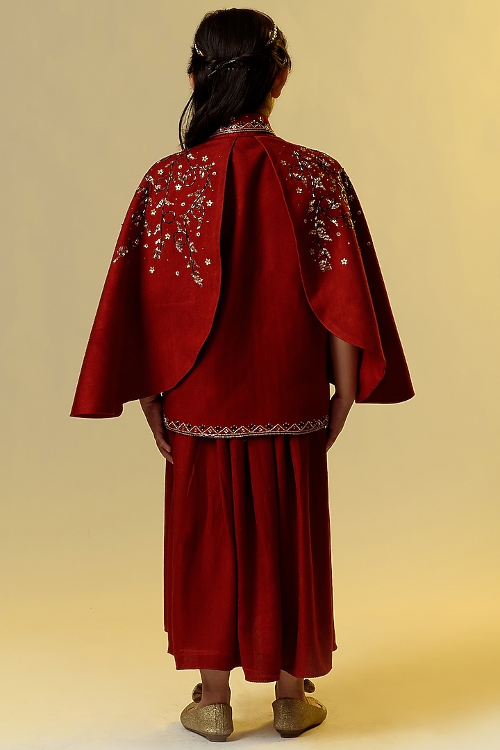 Maroon Embroidered Jacket Dress For Girls by Littleens at Pernia's Pop Up Shop