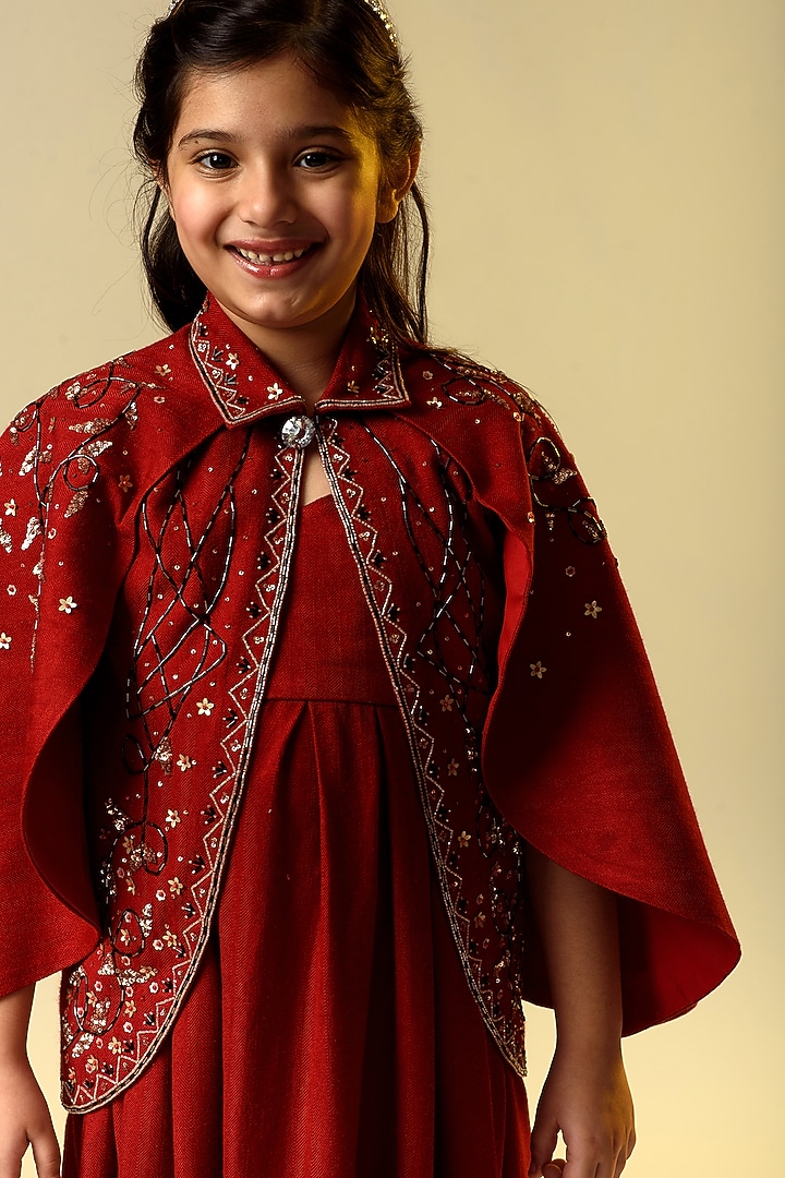 Maroon Embroidered Jacket Dress For Girls by Littleens at Pernia's Pop Up Shop
