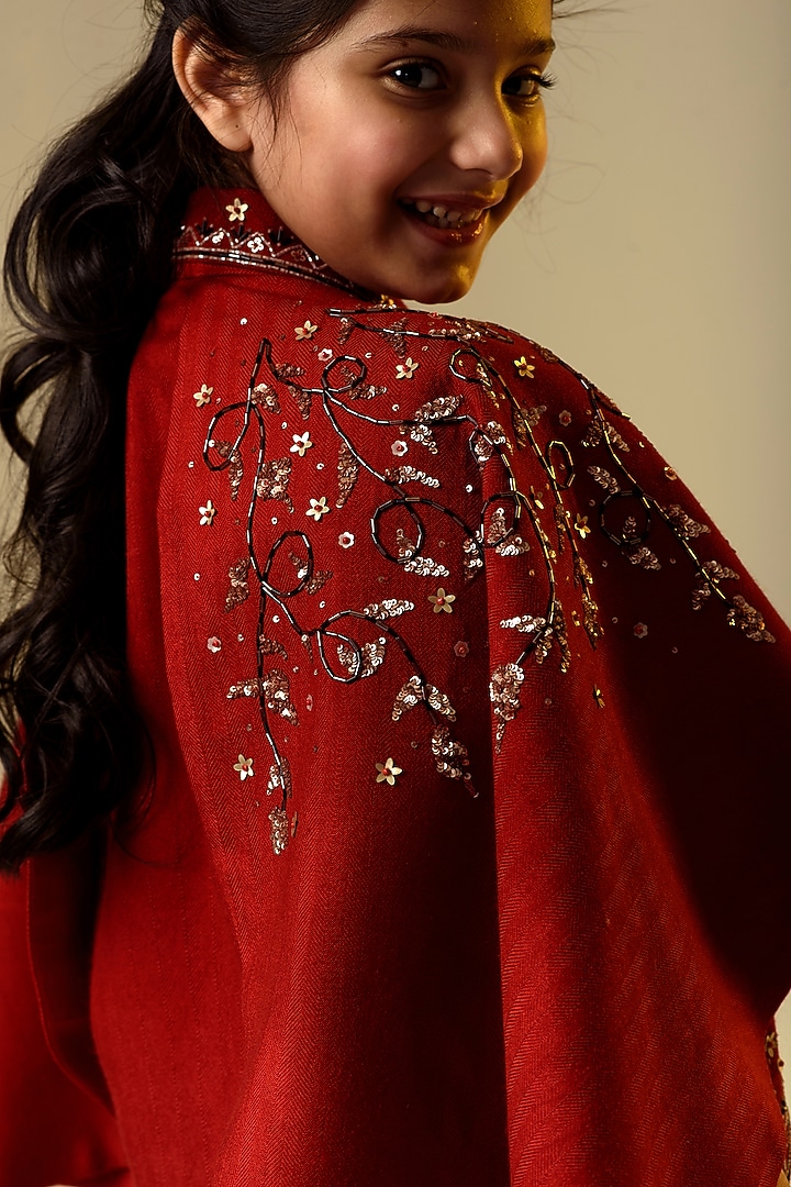 Maroon Embroidered Jacket Dress For Girls by Littleens at Pernia's Pop Up Shop