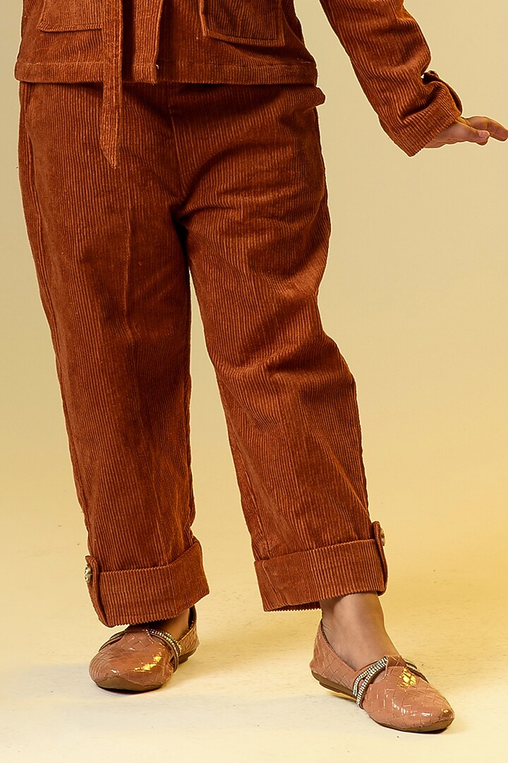 Brown Corduroy Pant Set For Girls by Littleens at Pernia's Pop Up Shop
