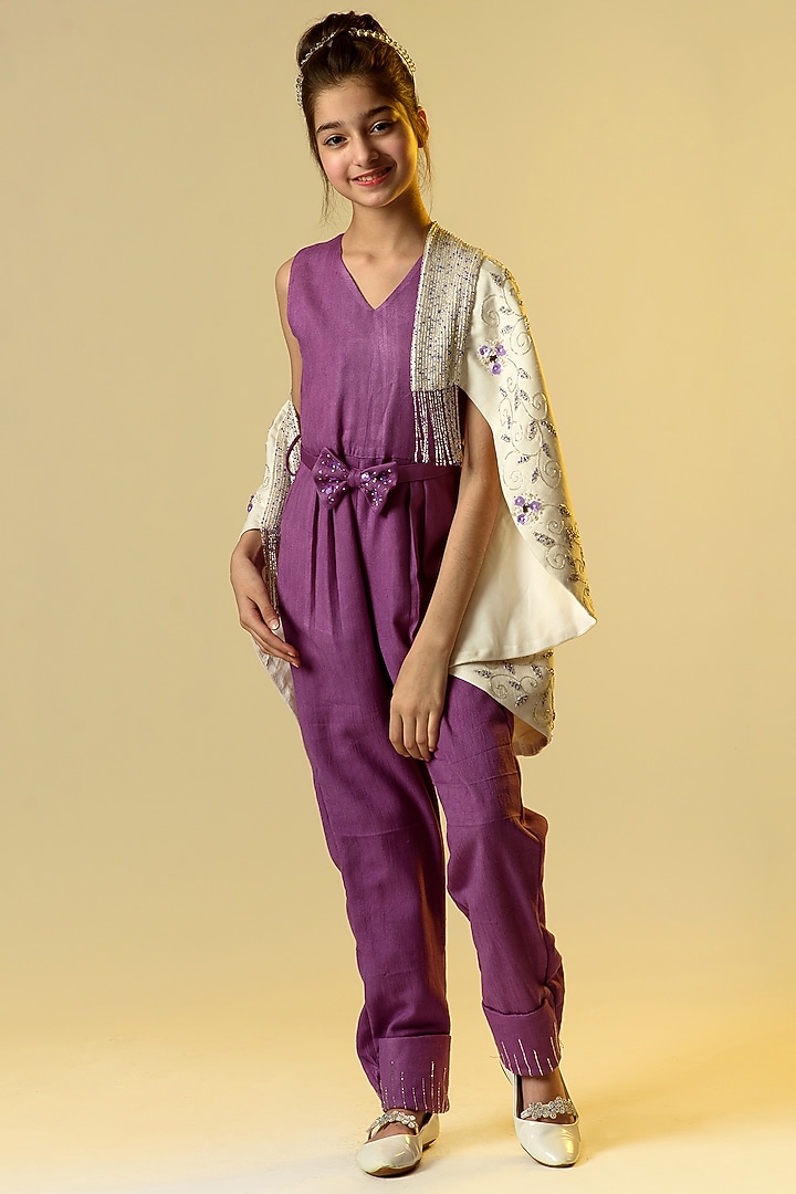 Lavender Embroidered Jumpsuit With Cape Shawl For Girls by Littleens at Pernia's Pop Up Shop