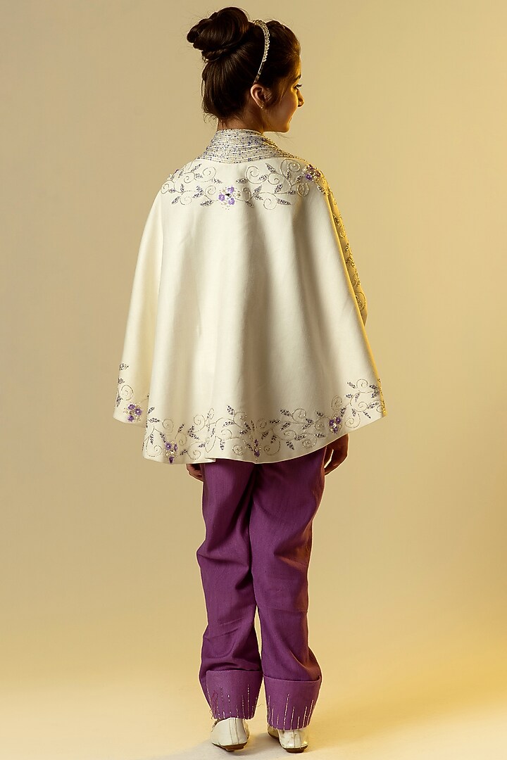 Lavender Embroidered Jumpsuit With Cape Shawl For Girls by Littleens at Pernia's Pop Up Shop