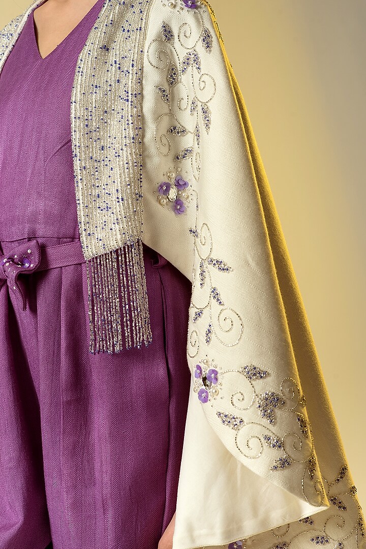Lavender Embroidered Jumpsuit With Cape Shawl For Girls by Littleens at Pernia's Pop Up Shop