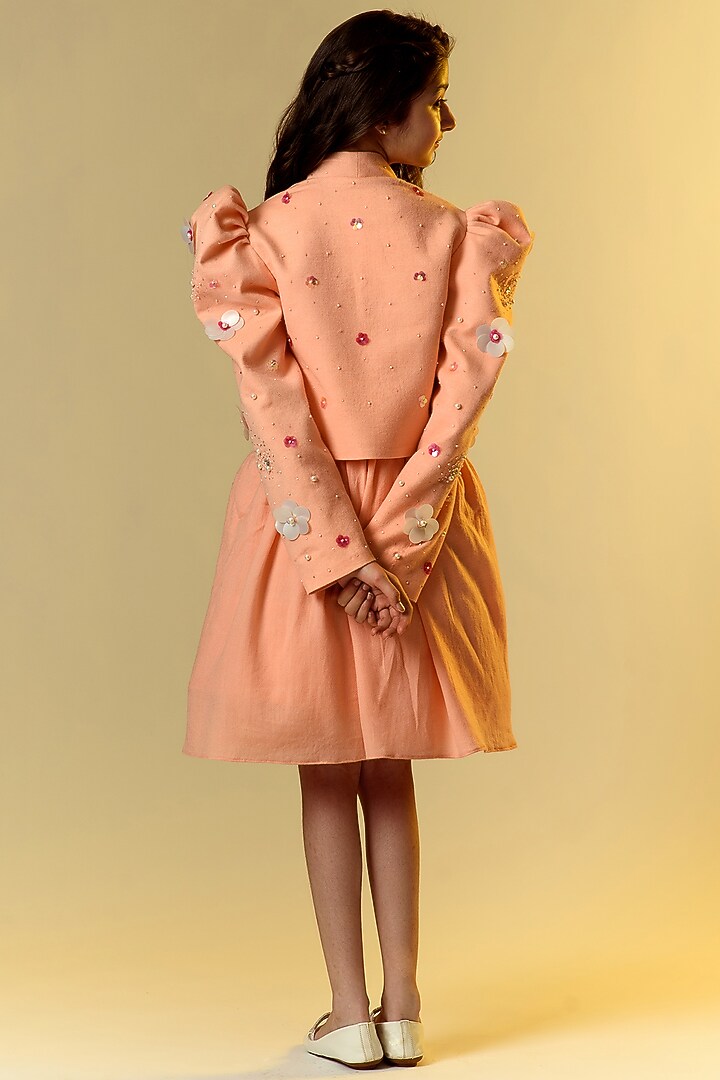 Orange Hand Embroidered Jacket Dress With Belt For Girls by Littleens at Pernia's Pop Up Shop