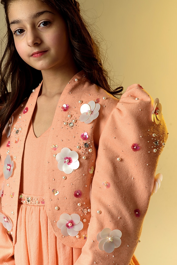 Orange Hand Embroidered Jacket Dress With Belt For Girls by Littleens at Pernia's Pop Up Shop