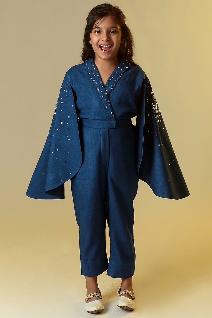 Navy Blue Embroidered Jumpsuit For Girls by Littleens