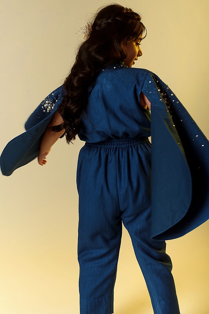 Navy Blue Embroidered Jumpsuit For Girls by Littleens at Pernia's Pop Up Shop