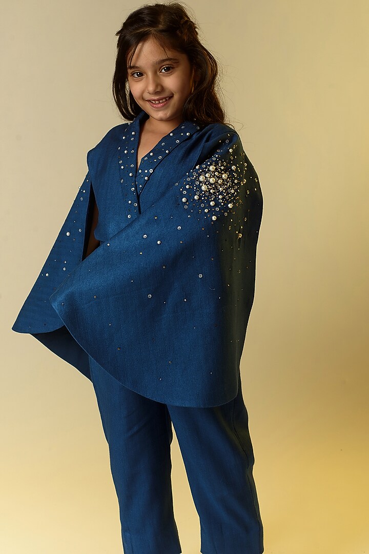 Navy Blue Embroidered Jumpsuit For Girls by Littleens at Pernia's Pop Up Shop