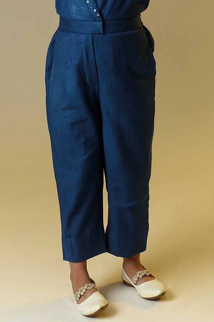 Navy Blue Embroidered Jumpsuit For Girls by Littleens at Pernia's Pop Up Shop