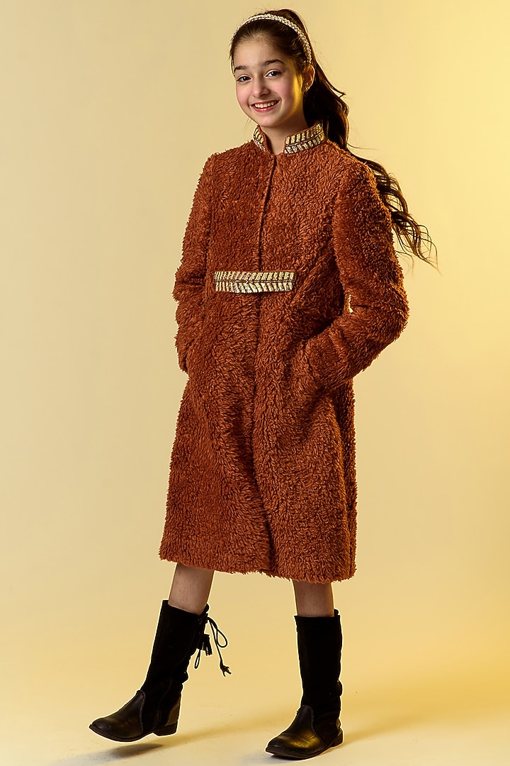 Coffee Brown Hand Embroidered Coat For Girls by Littleens at Pernia's Pop Up Shop