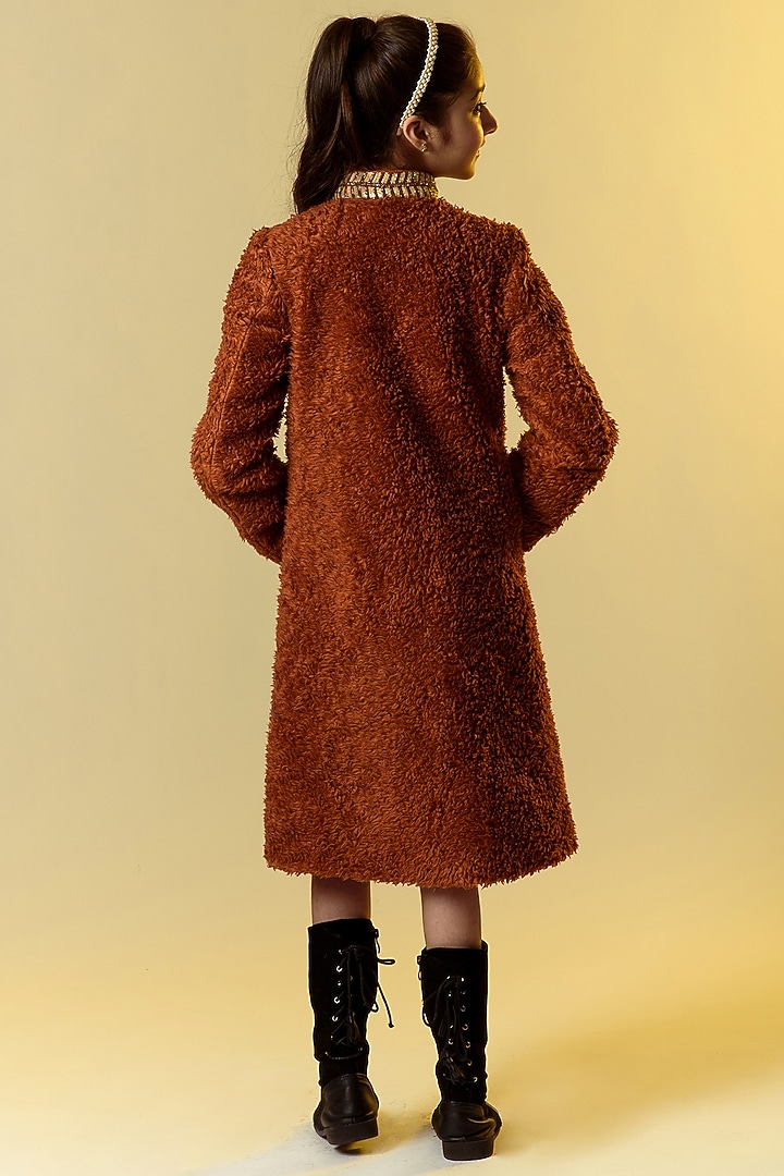 Coffee Brown Hand Embroidered Coat For Girls by Littleens at Pernia's Pop Up Shop