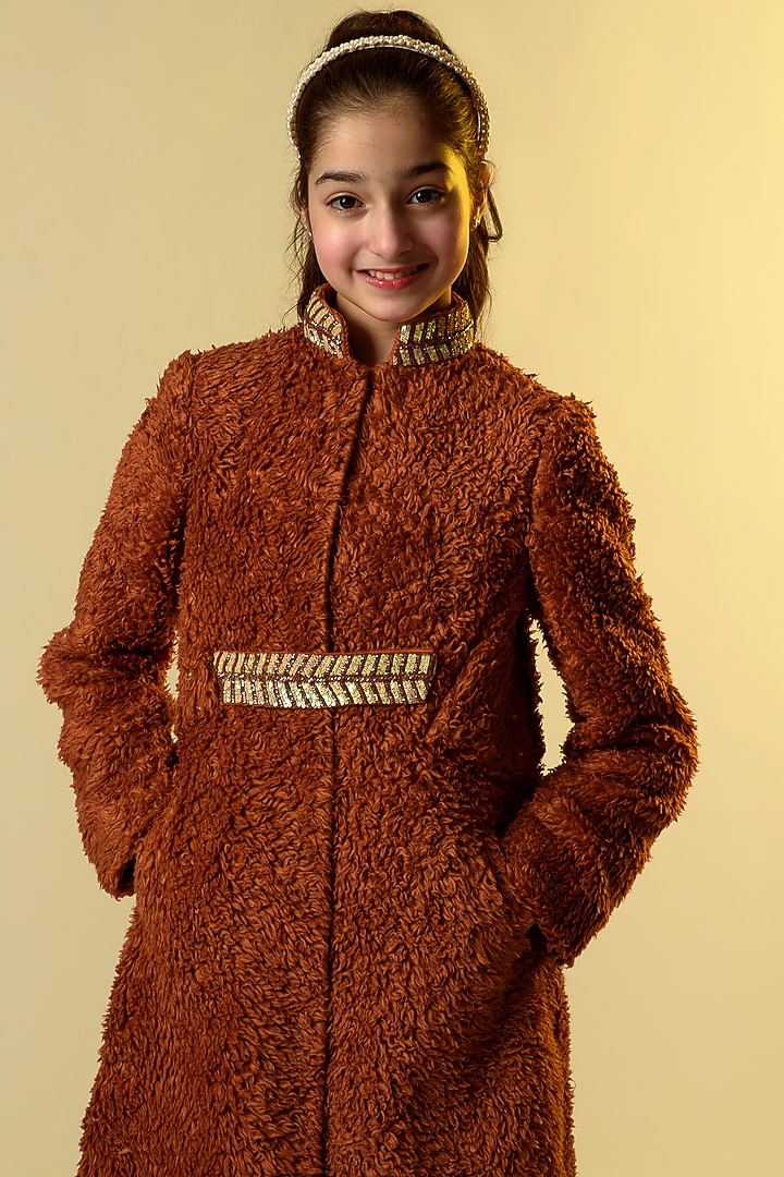 Coffee Brown Hand Embroidered Coat For Girls by Littleens at Pernia's Pop Up Shop