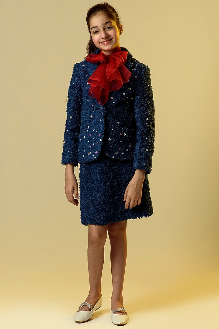 Midnight Blue Jacket Set With Bow For Girls by Littleens at Pernia's Pop Up Shop