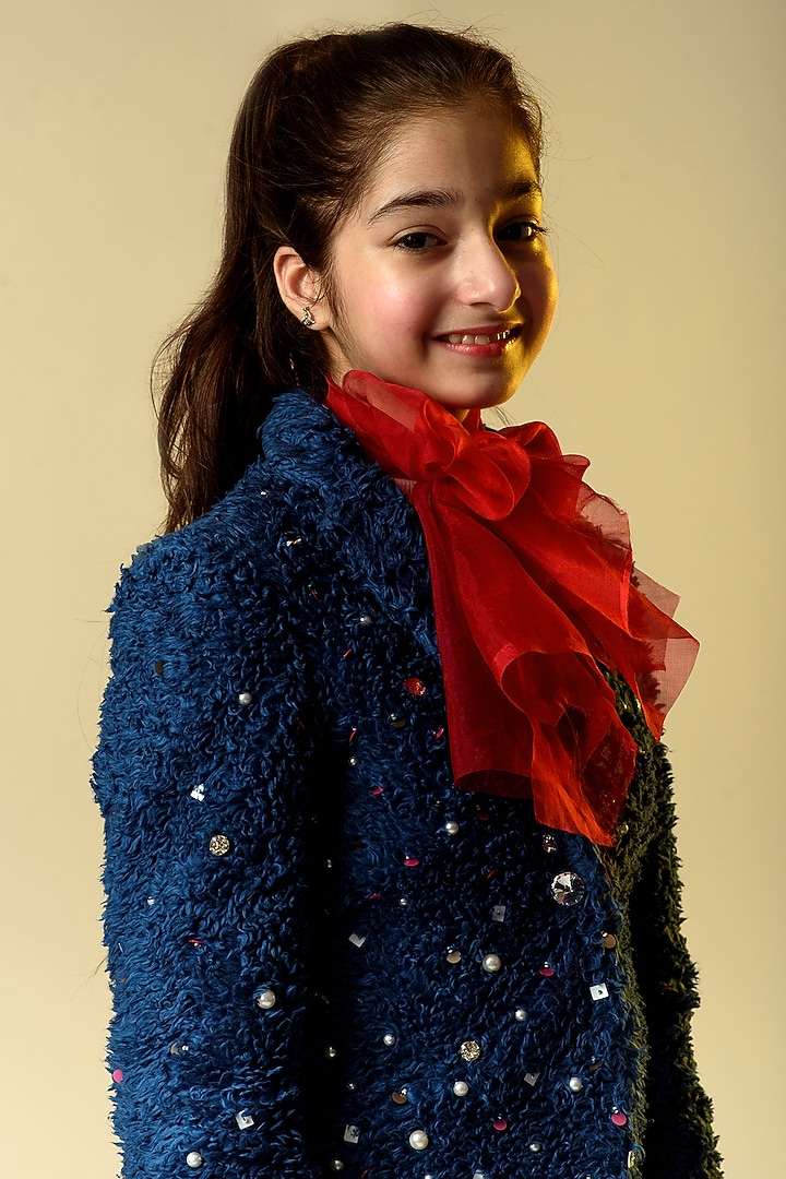 Midnight Blue Jacket Set With Bow For Girls by Littleens at Pernia's Pop Up Shop
