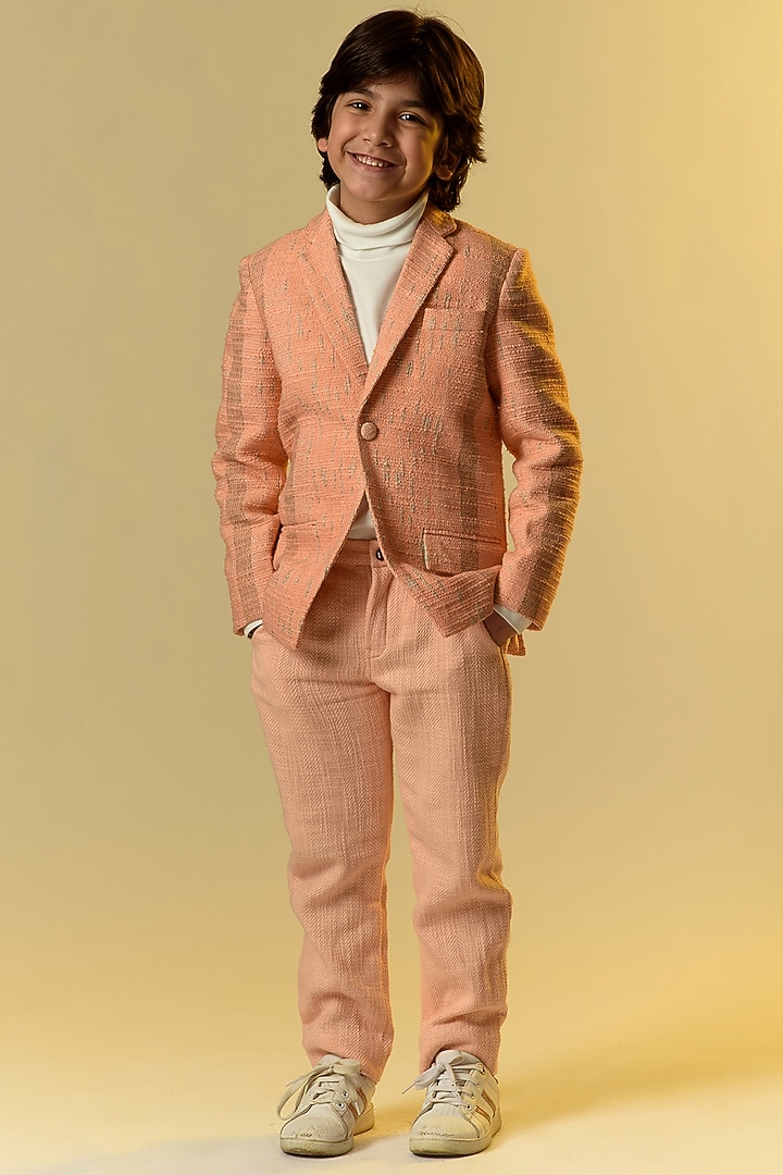 Peach Cotton Slub Blazer For Boys by Littleens at Pernia's Pop Up Shop