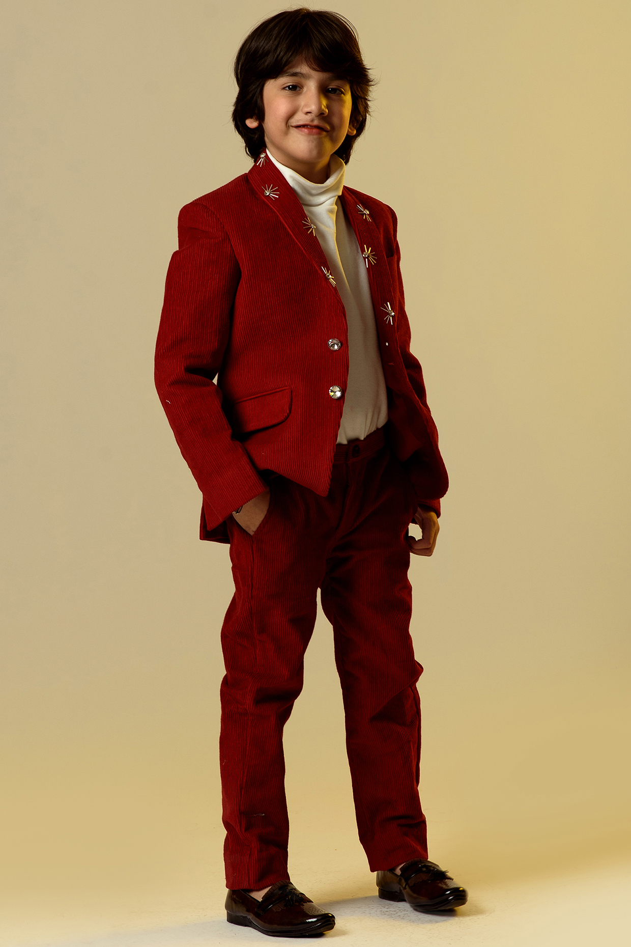 Carmine Red Embellished Jacket Set For Boys by Littleens at Pernia's Pop Up Shop