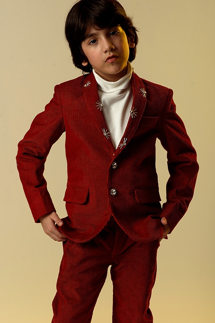Carmine Red Embellished Jacket Set For Boys by Littleens at Pernia's Pop Up Shop