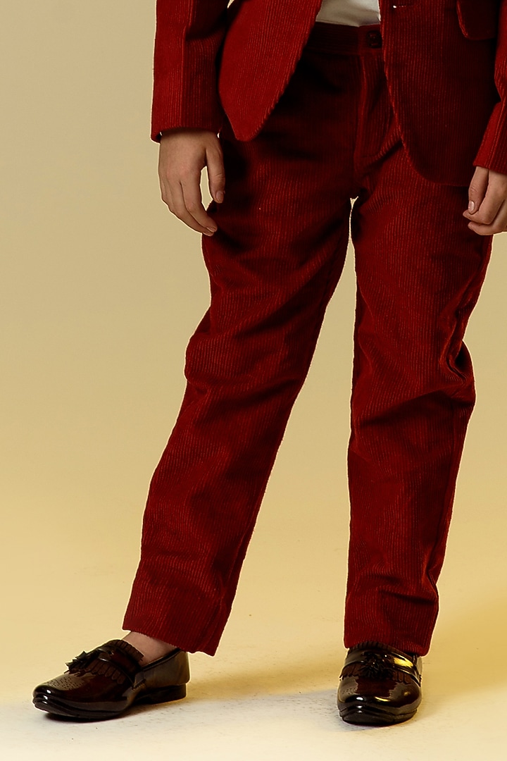 Carmine Red Embellished Jacket Set For Boys by Littleens at Pernia's Pop Up Shop