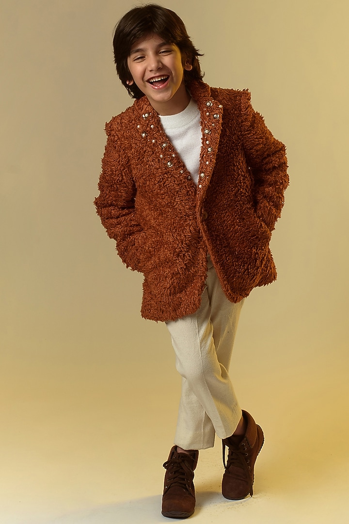 Coffee Brown Embellished Coat For Boys by Littleens at Pernia's Pop Up Shop