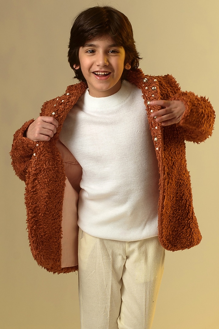 Coffee Brown Embellished Coat For Boys by Littleens at Pernia's Pop Up Shop