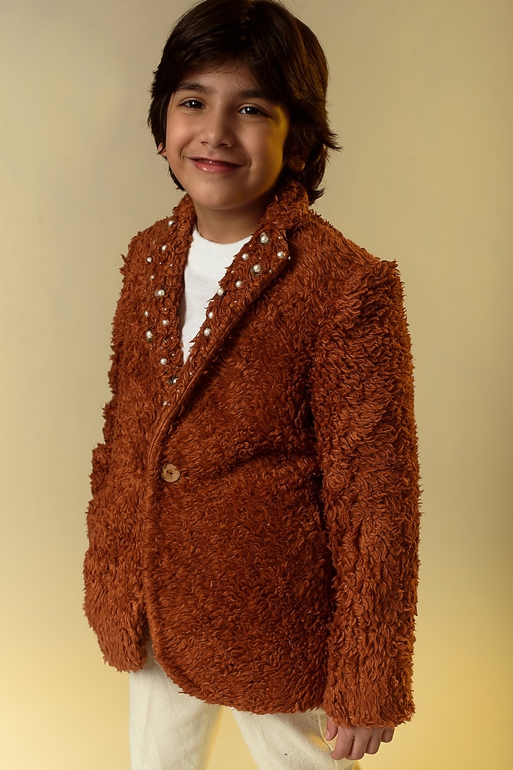 Coffee Brown Embellished Coat For Boys by Littleens at Pernia's Pop Up Shop