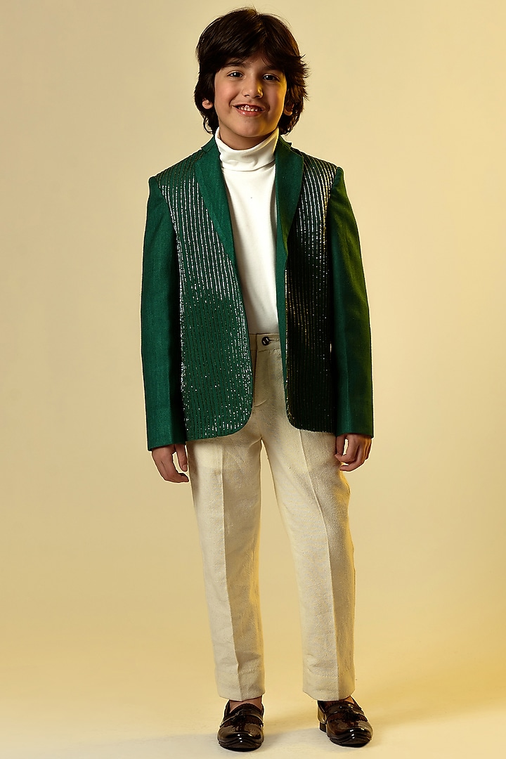 Forest Green Hand Embroidered Blazer For Boys by Littleens