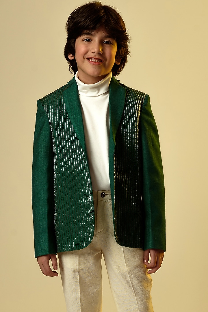 Forest Green Hand Embroidered Blazer For Boys by Littleens at Pernia's Pop Up Shop