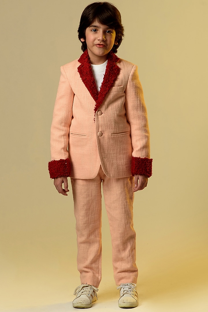 Peach Tmt Cotton Slub & Organic Sherpa Jacket Set For Boys by Littleens at Pernia's Pop Up Shop