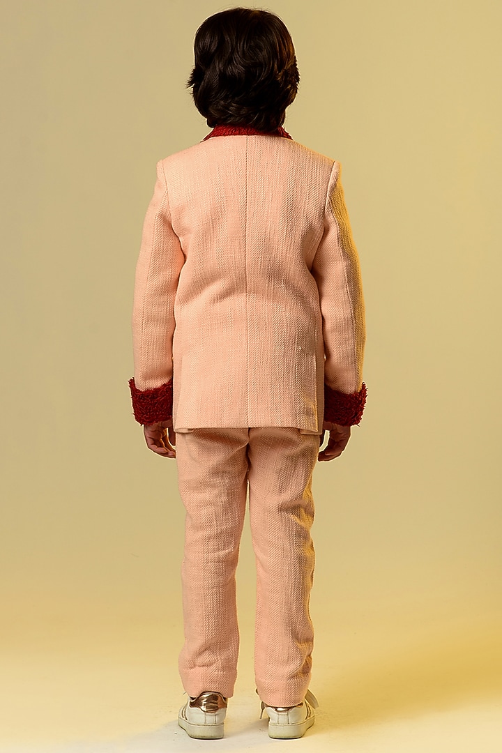 Peach Tmt Cotton Slub & Organic Sherpa Jacket Set For Boys by Littleens at Pernia's Pop Up Shop