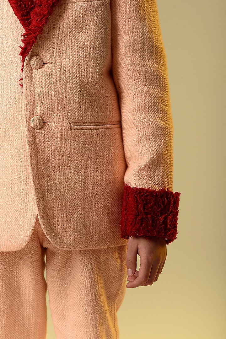 Peach Tmt Cotton Slub & Organic Sherpa Jacket Set For Boys by Littleens at Pernia's Pop Up Shop